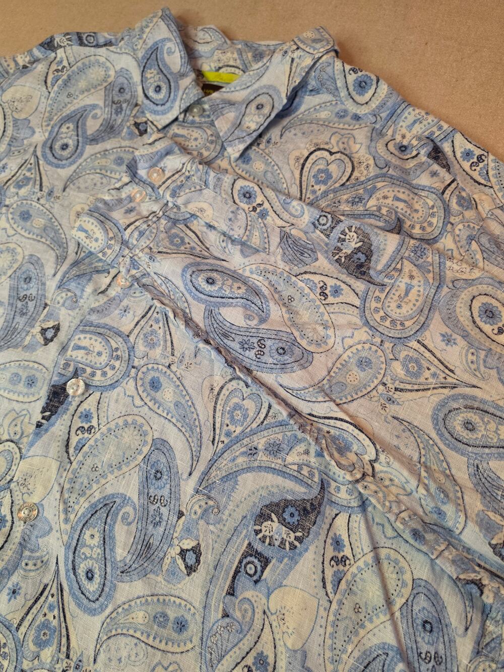 Havana Nines 100% Linen Blue Paisley Long-Sleeve Button-Up Shirt Sz XL
